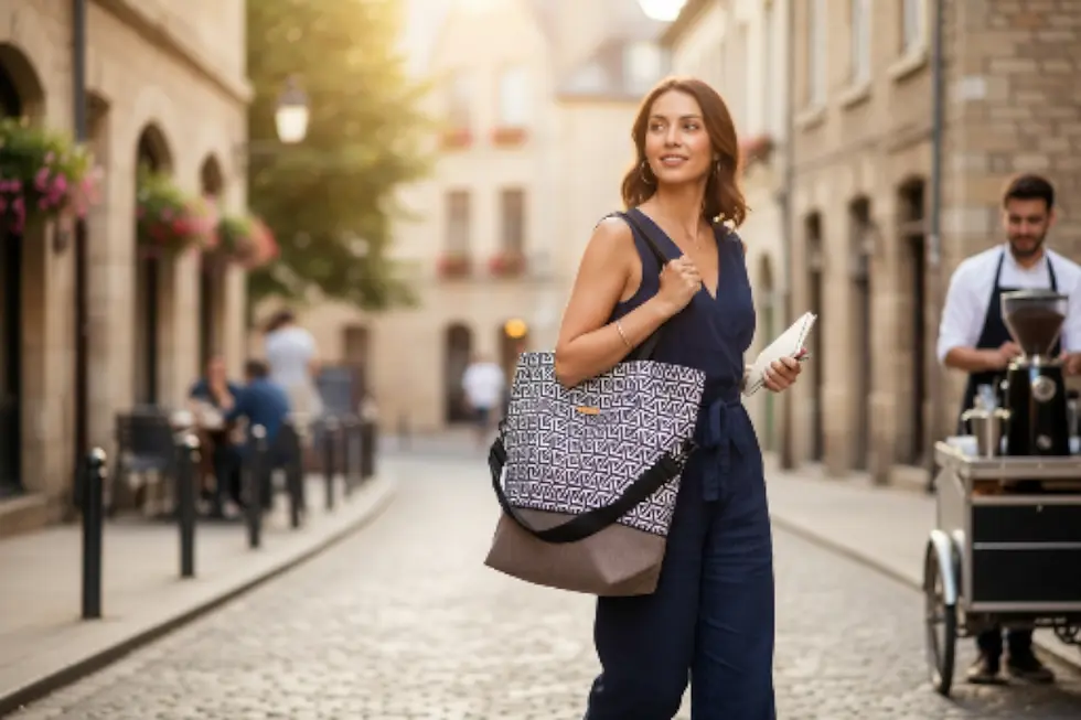 Thumbnail: 2-tone canvas/ 2 way carrying large tote bag