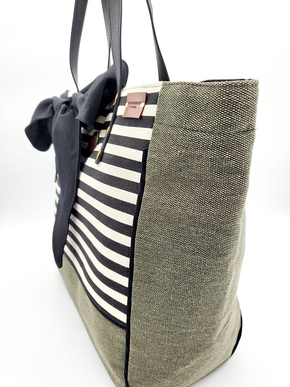 Thumbnail: Green and white striped tote bag with a bow; 2 way carrying