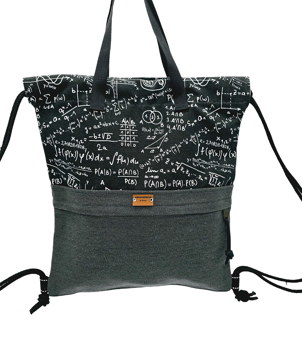 Black and white patterned backpack with drawstring closure, leather straps AWESOMEROSE'S