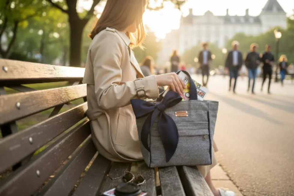 Thumbnail: Beige canvas/2 ways carrying/small bow bag