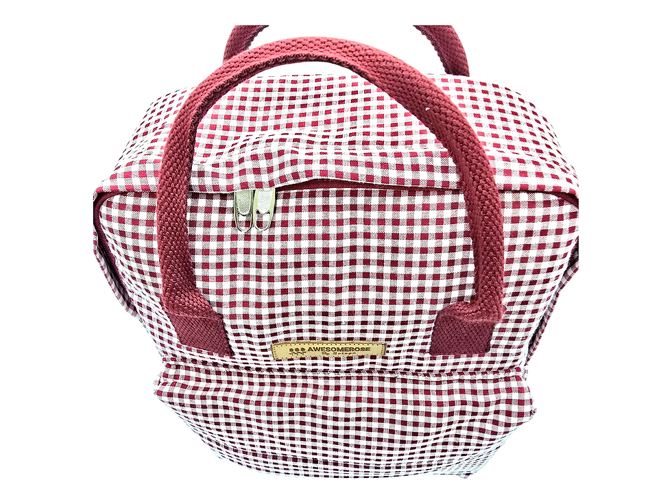 Thumbnail: Red and white checkered bag with zipper and handles. AWESOMEROSE'S.