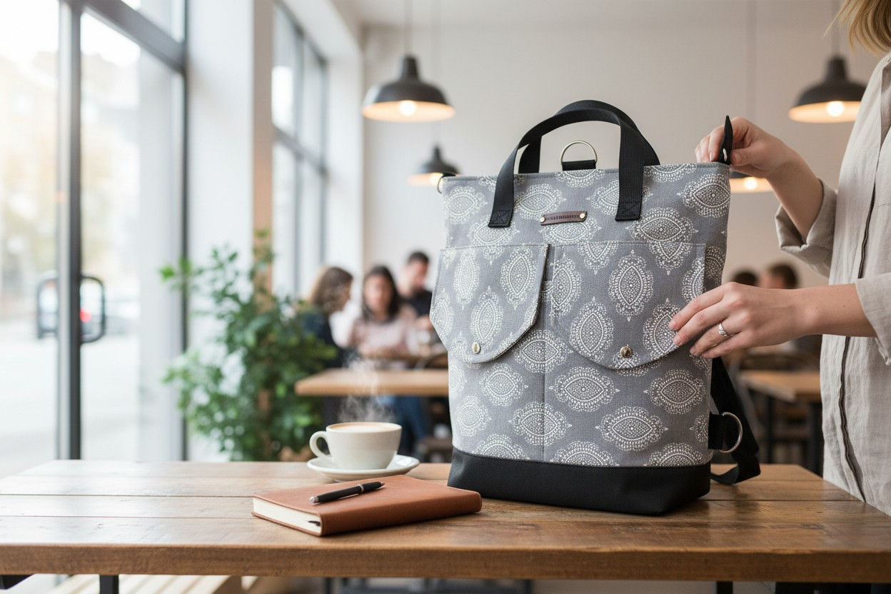 Grey patterned bag with people at a cafe, Coin/card/cats canvas bag, AWESOMEROSE'S.