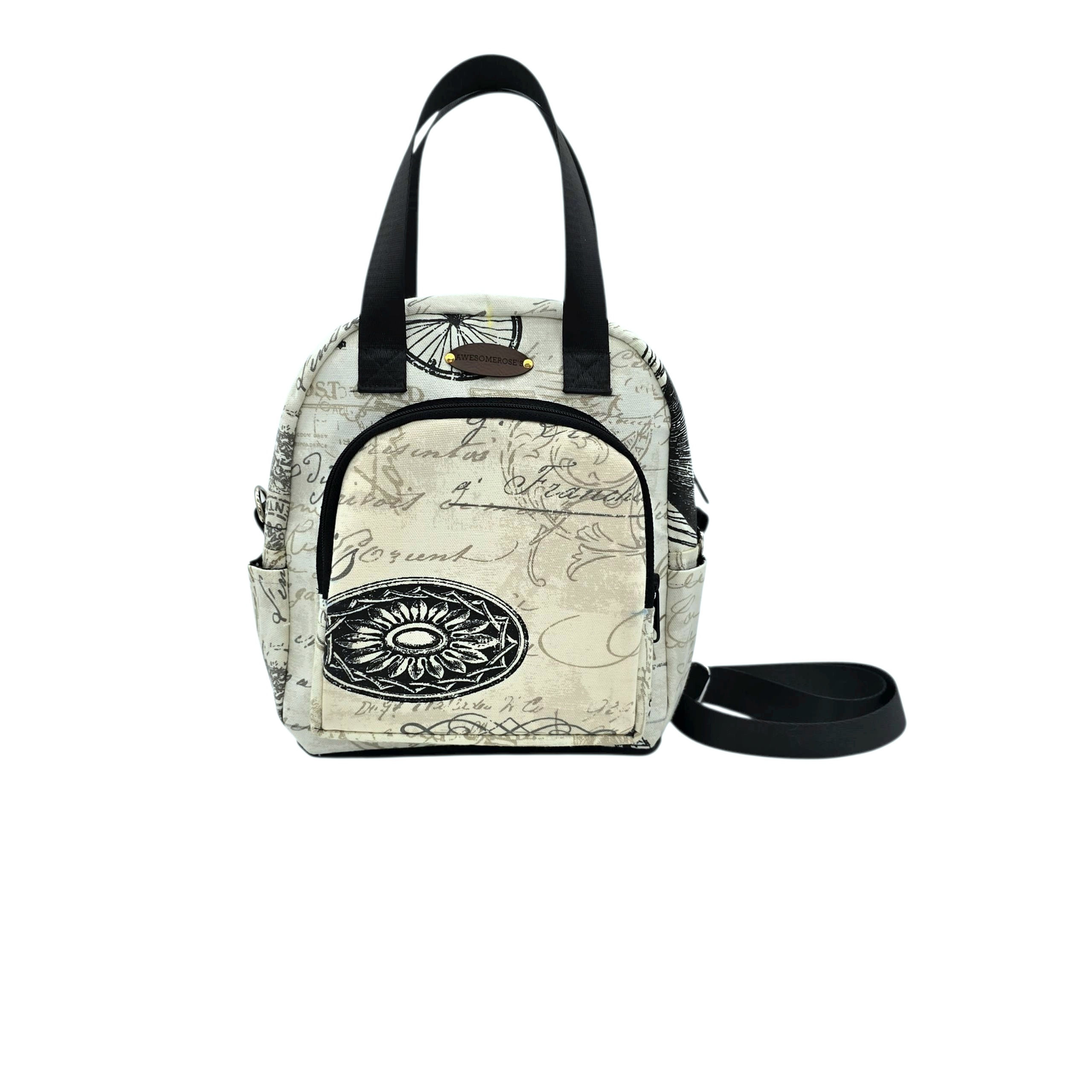 White travel bag with map print, black handles, and a small strap. AWESOMEROSE'S