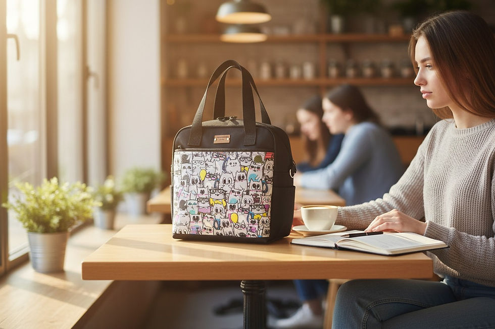 Black stylish bag on a wooden table with two women in the background.