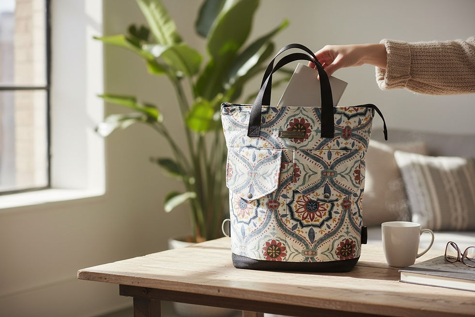 Person placing item into patterned tote bag on a wooden table near AWESOMEROSE'S