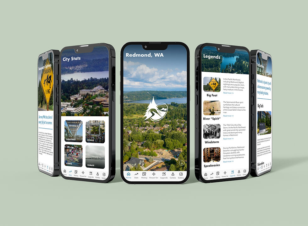 Shows the final app on five phones with 5 different pages pulled up, standing upright on a green background.