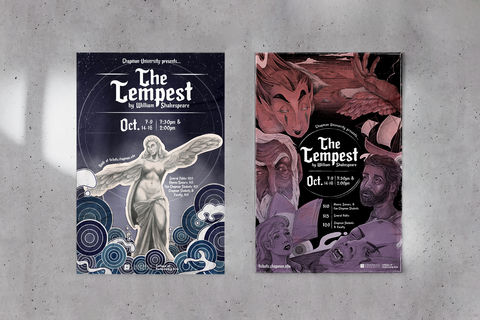 Two promotional posters on a gray cement wall: On the left is a poster of a greek-statue style Harpy standing in front of crashing blue waves. On the right are illustrations of characters from The Tempest in blue or red gradients. Both posters read "The Tempest" and have event dates and pricing information.