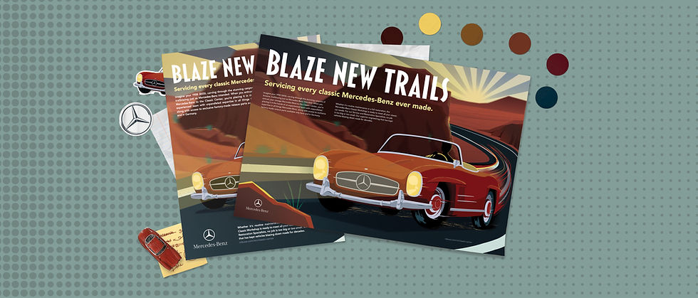 Scrap book style overview of the Mercedes-Benz project, featuring stickers, posters, and hot wheel cars.