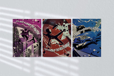 Three Spiderverse posters o a white wall.
Left: Purple poster showing Miles Morales, Spider-Gwen, and Peter B. Parker.
Middle: Red poster showing Miles Morales fighting the Spot.
Right: Blue poster showing Miguel O'Hara climbing up a structure.