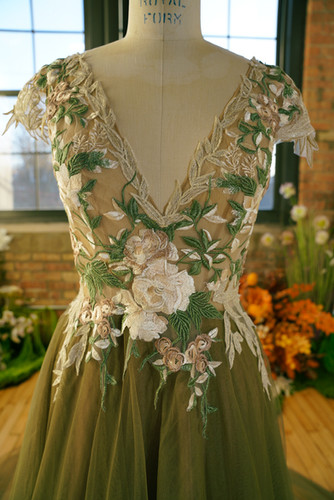 green emerald velvet dress Pink Flowers Mint Tea Length Forest Formal Wedding Dress main image 0