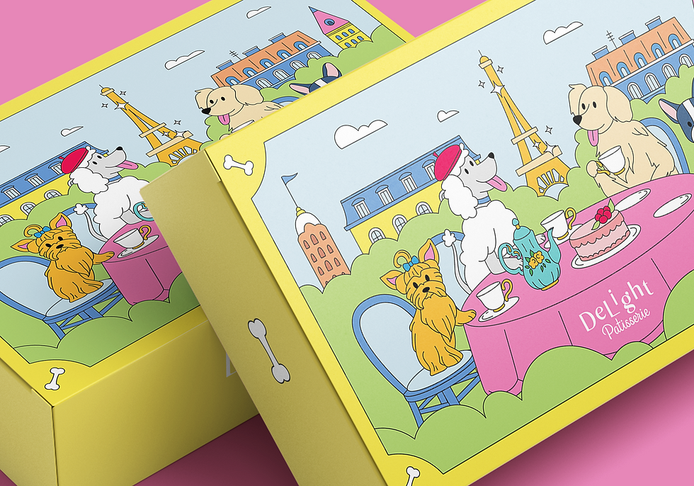A charming and playful packaging design for Delight Patisserie, featuring a whimsical Parisian tea party with adorable illustrated dogs