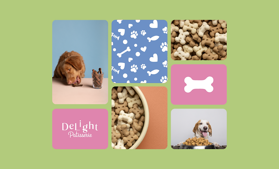 A charming and playful packaging design for Delight Patisserie, featuring a whimsical Parisian tea party with adorable illustrated dogs