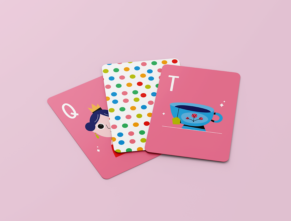 Three colorful alphabet flashcards displayed on a pastel pink background, featuring a queen for the letter Q, a tea cup for the letter T, and a playful polka dot design on the middle card