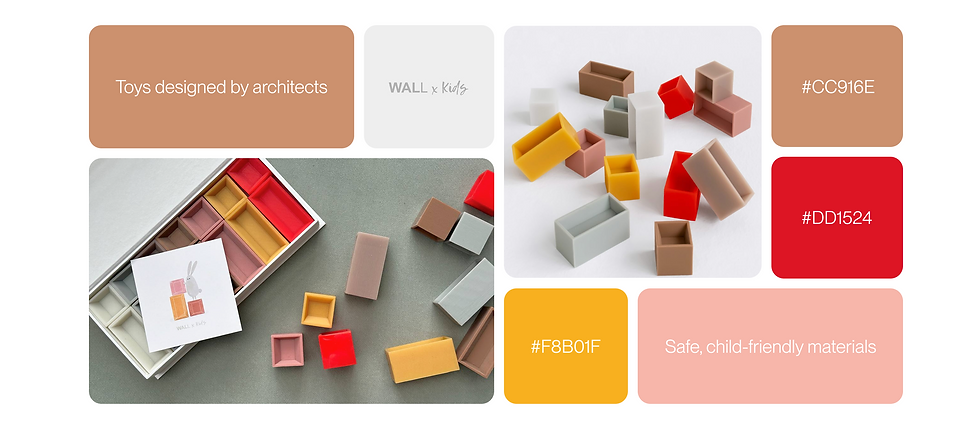 Colored toy blocks with text "Toys designed by architects", "Safe, child-friendly materials," and shades #CC916E, #DD1524, #F8B01F.
