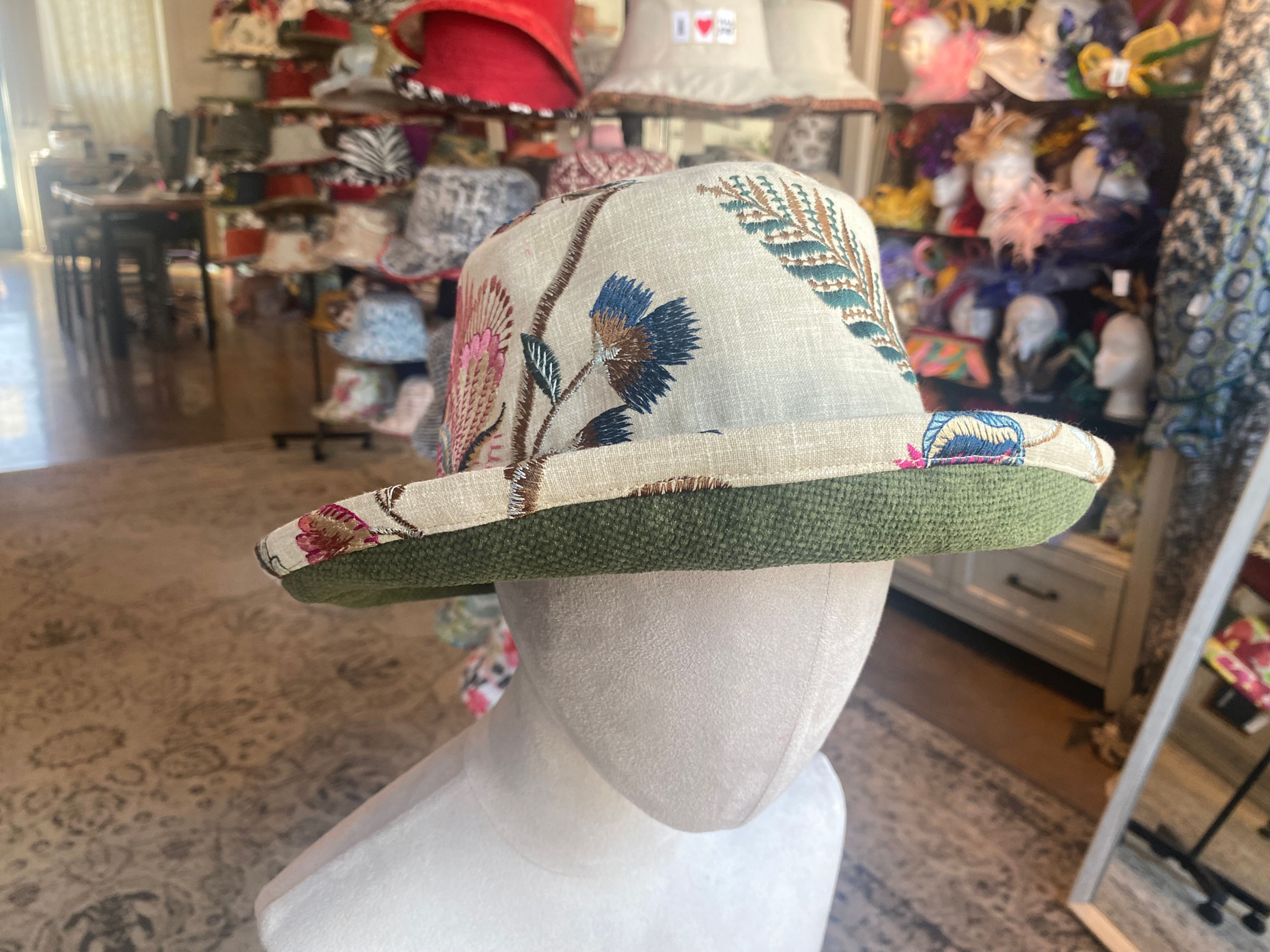 Embroidered Linen/ Olive Green