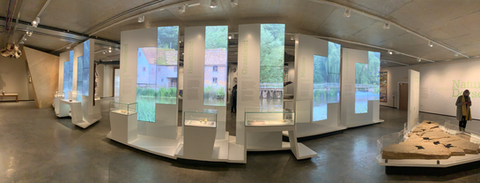 A bank of screens showing local footage at Dorset Museum