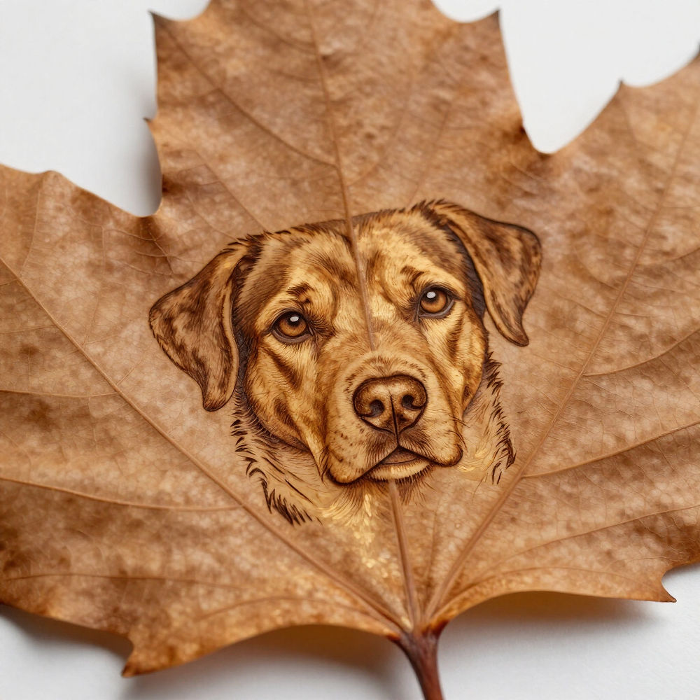 Detailed laser engraving of a dog's face on a brown leaf
