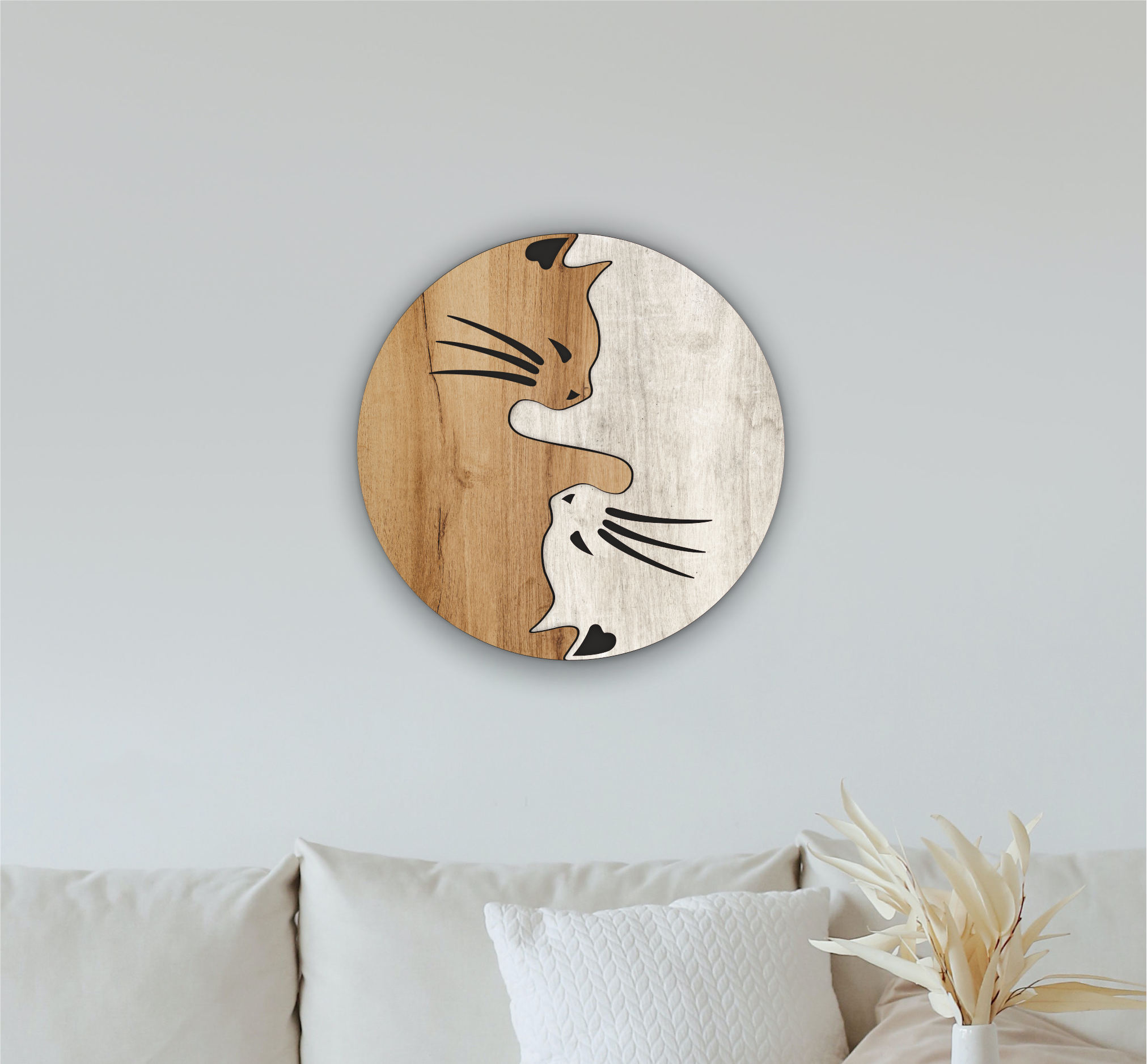 Wooden ying yang cat clock 25cm