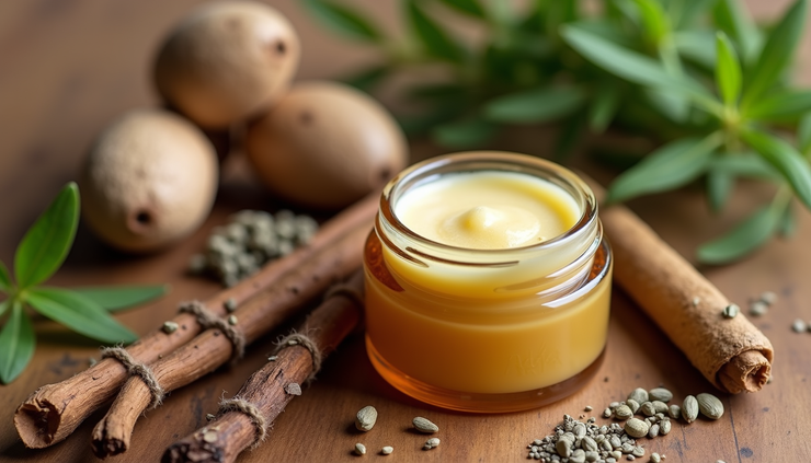 Close-up view of a jar of placenta salve with natural ingredients around it