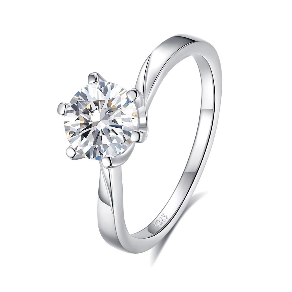 S925 Sterling Silver Twisted Arm Six-Prong Moissanite Ring