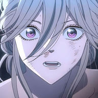 Firefly Wedding anime still — the silver-haired heroine Satoko Kirigaya with pink-purple eyes in a shocked close-up against a dark background, from David Production's dark romance Firefly Wedding on Crunchyroll