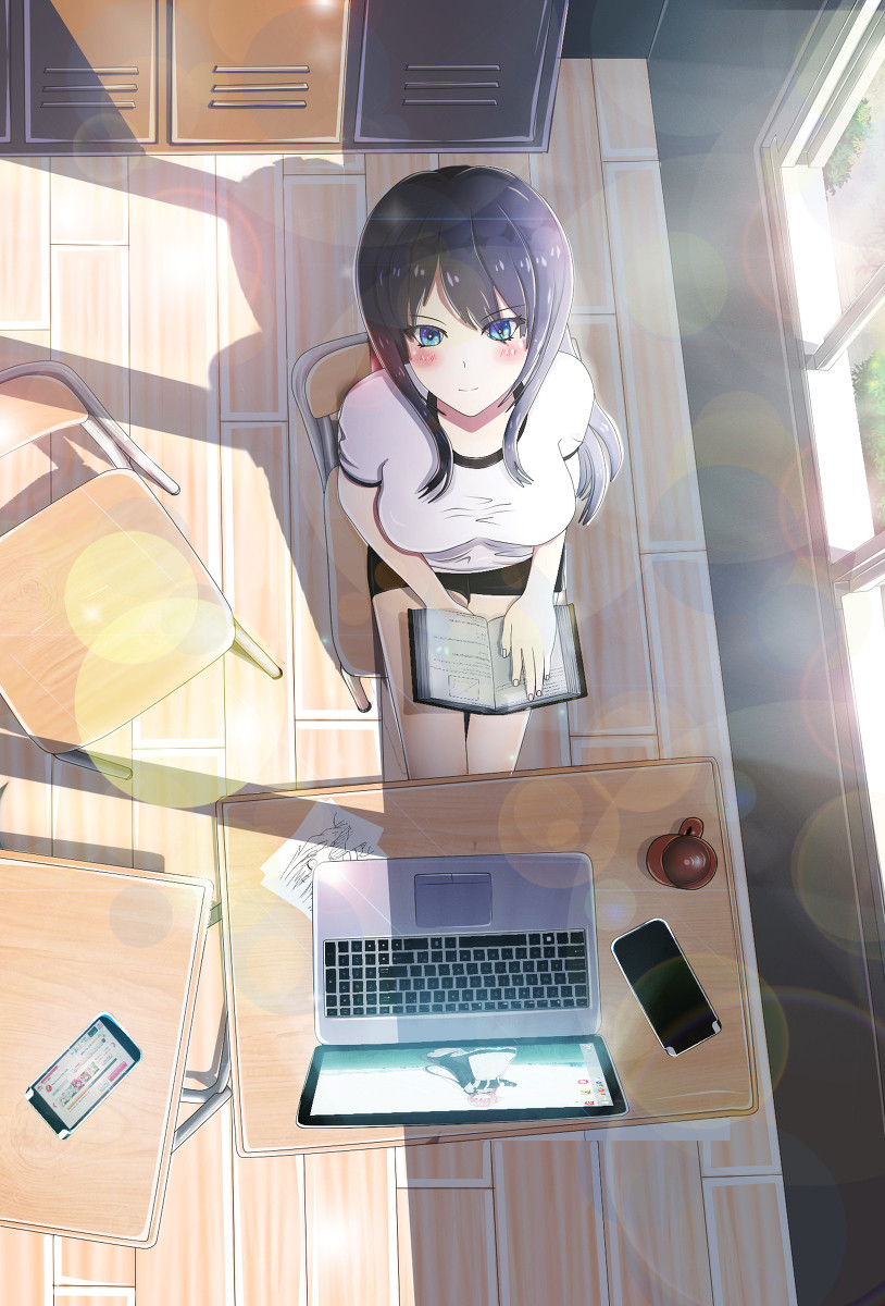 coffee shop girl on internet with book anime girl