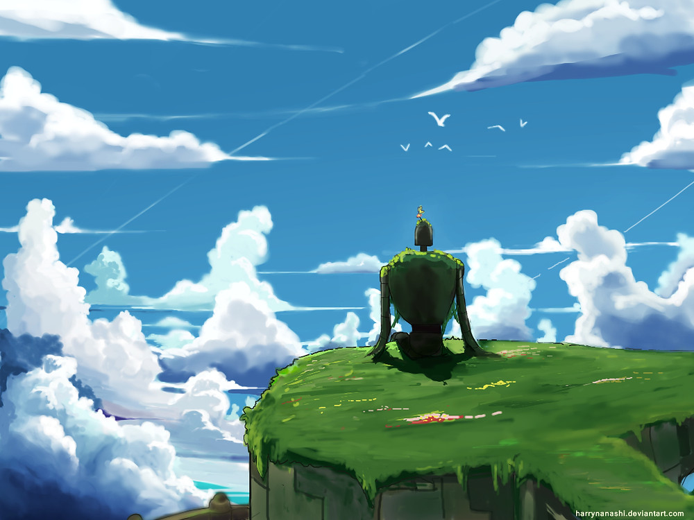 Laputa Castle in The Sky Miyazaki Studio Ghibli Anime Movie robot on a hill