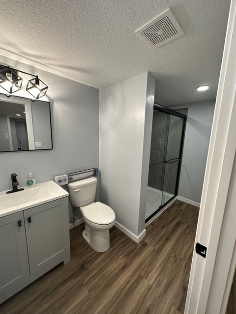 Modern bathroom remodel: gray vanity, toilet, shower