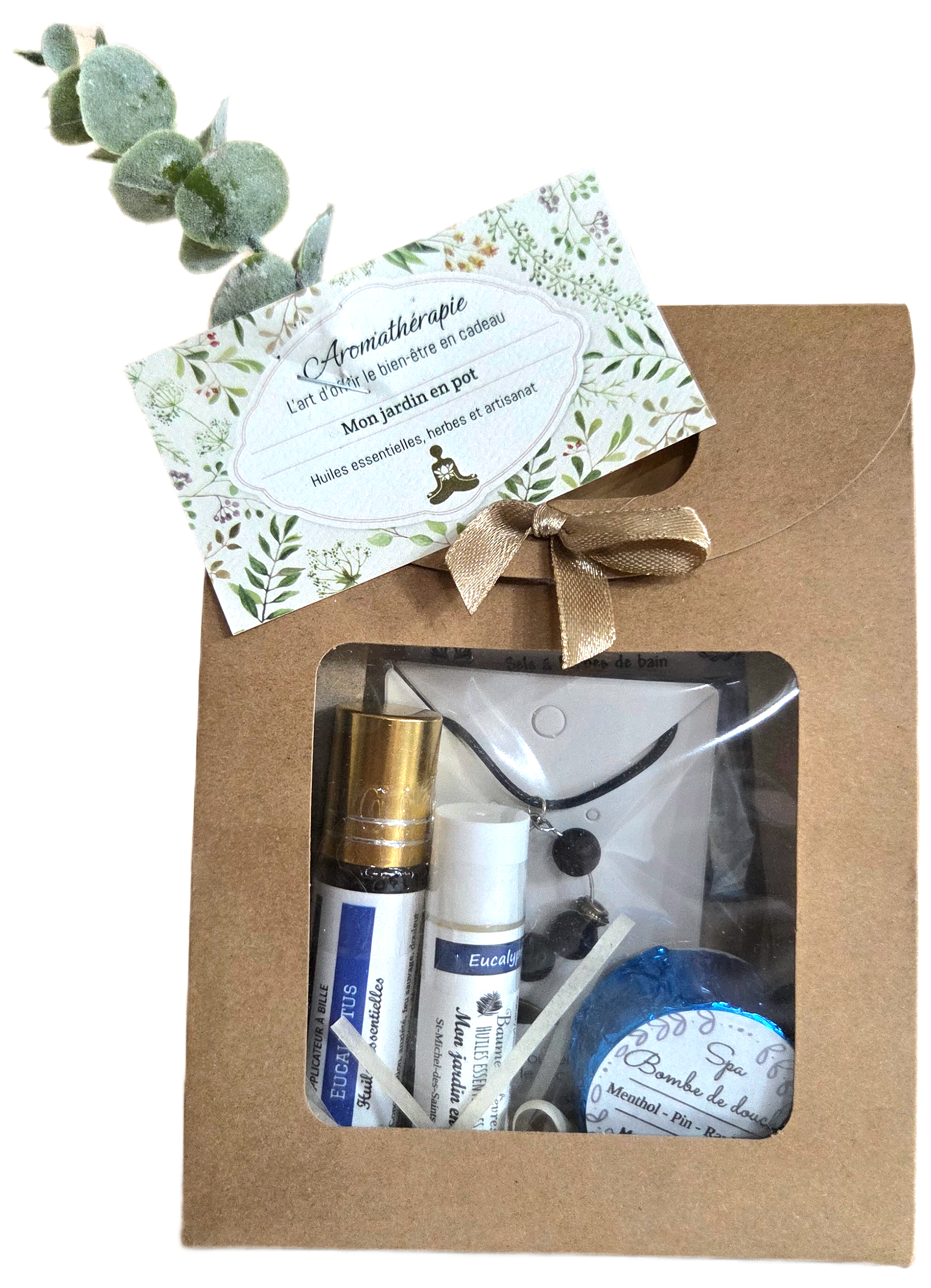 Gift set including 1 bath salt, 1 lip balm, 1 diffuser necklace, and 1 oil.