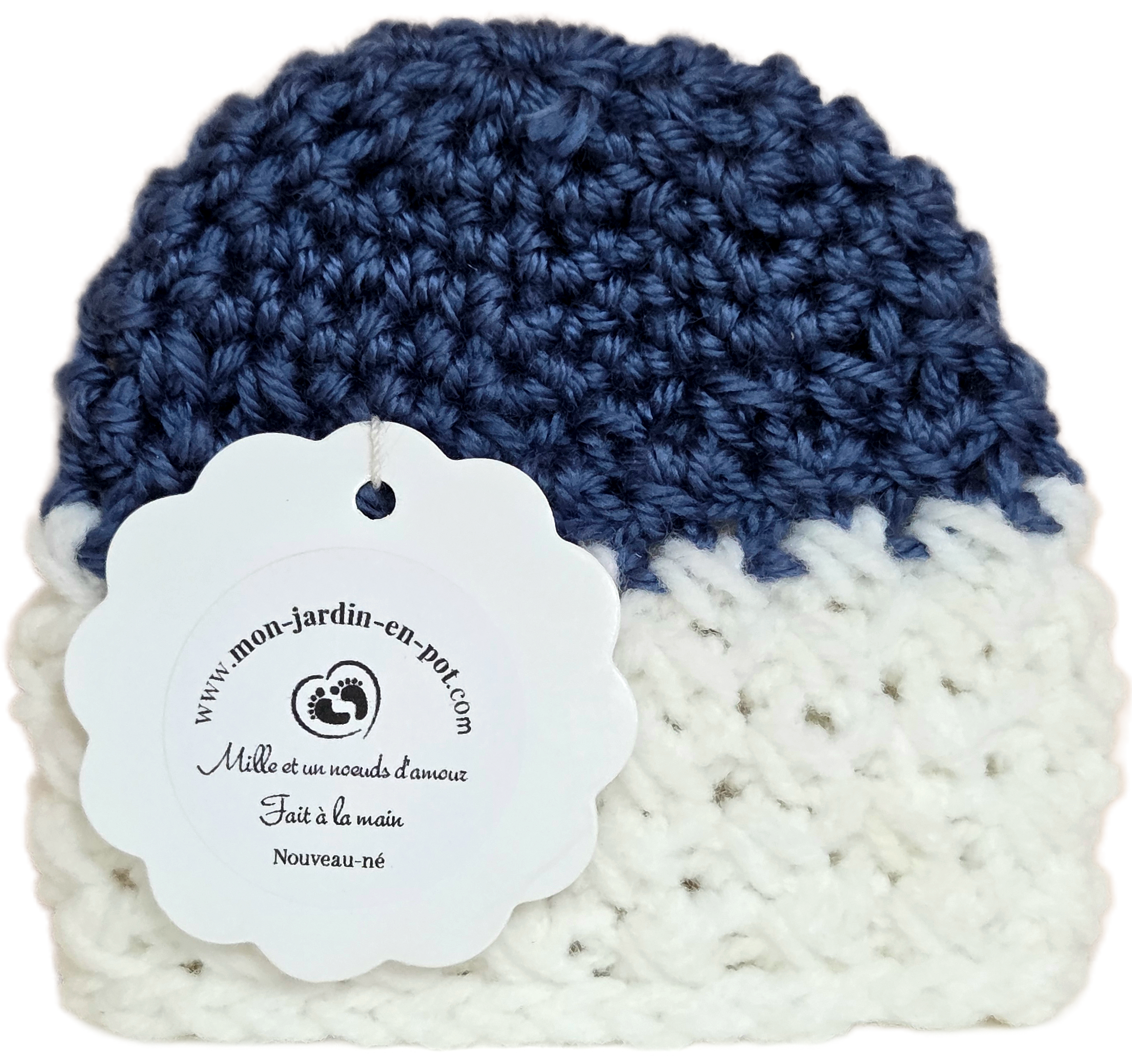 Chapeau de naissance pour bébé fait à la main au crochet - Bleu marin et blanc