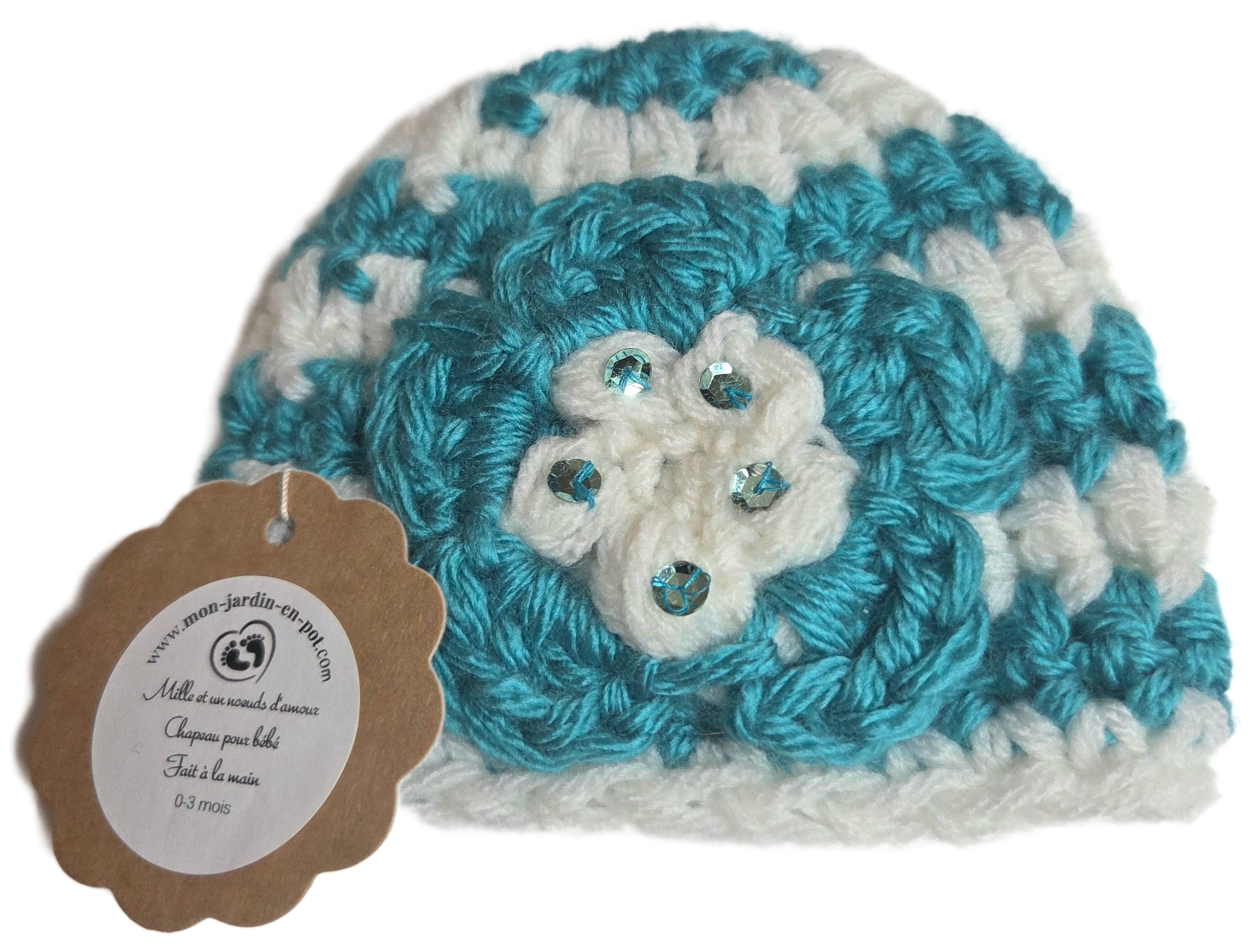 Chapeau pour bébé fait à la main au crochet - Fleur turquoise