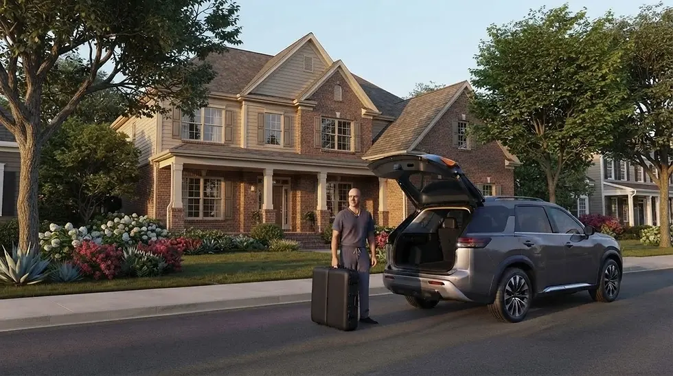 Digital photography of a man standing with a suitcase next to a car with an open trunk in front of a large suburban house. Evokes a sense of anticipation and travel in the warmth of late afternoon sunlight.