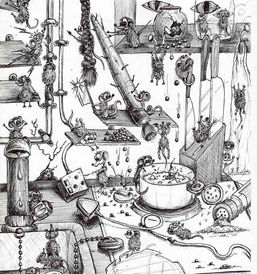 A drawing I did with rats causing chaos in the kitchen,