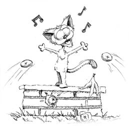 Drawing of a cat singing whilst things are tossed at him.
