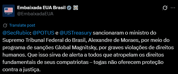 Publicação do secretário de Estado dos EUA, Marco Rubio, traduzida pelo perfil da Embaixada EUA Brasil