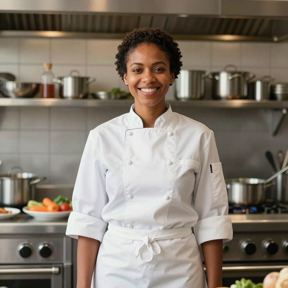 Smiling woman chef in a professional kitchen culinary training