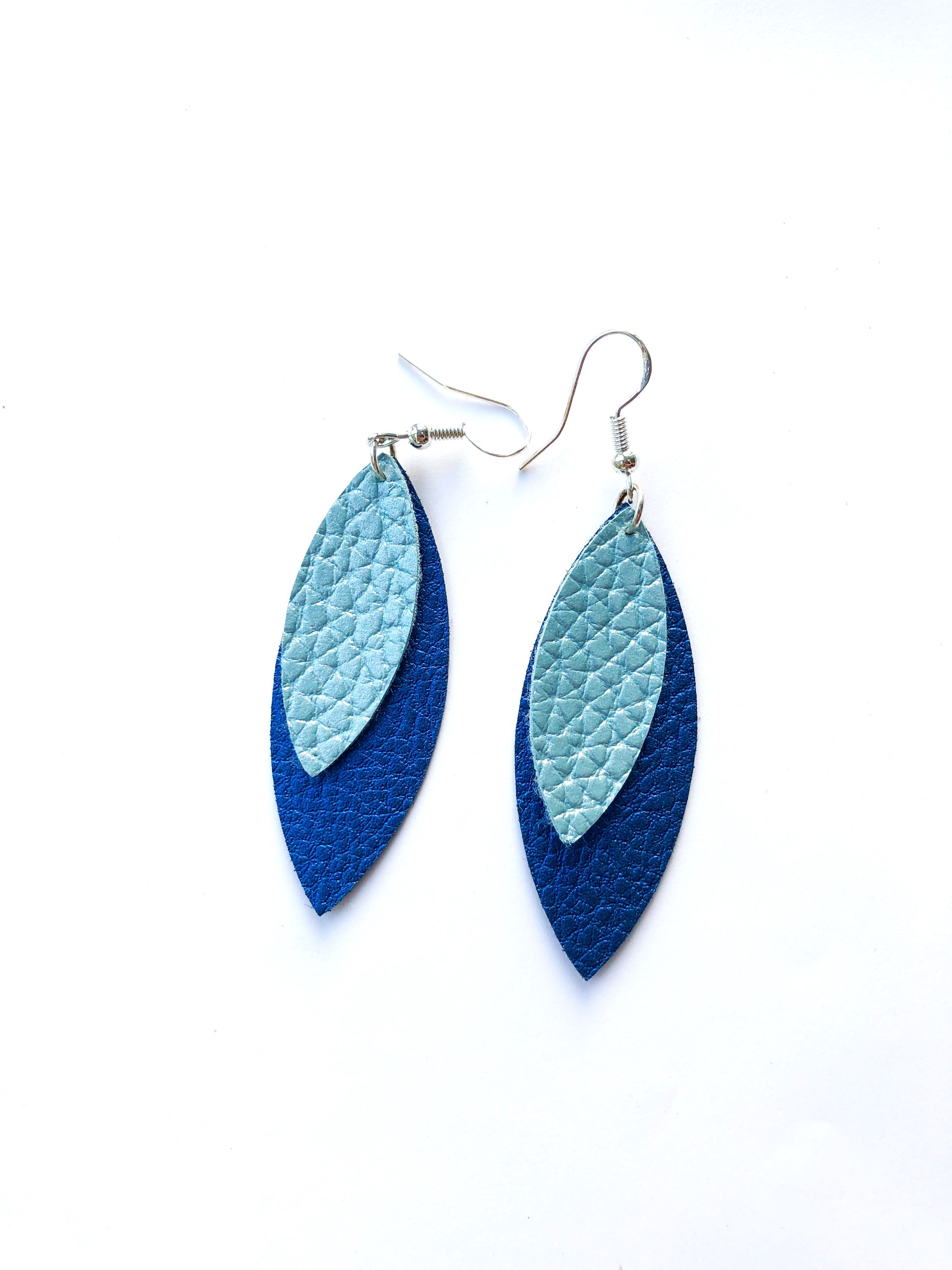 2 Layer almond faux leather earrings in blues