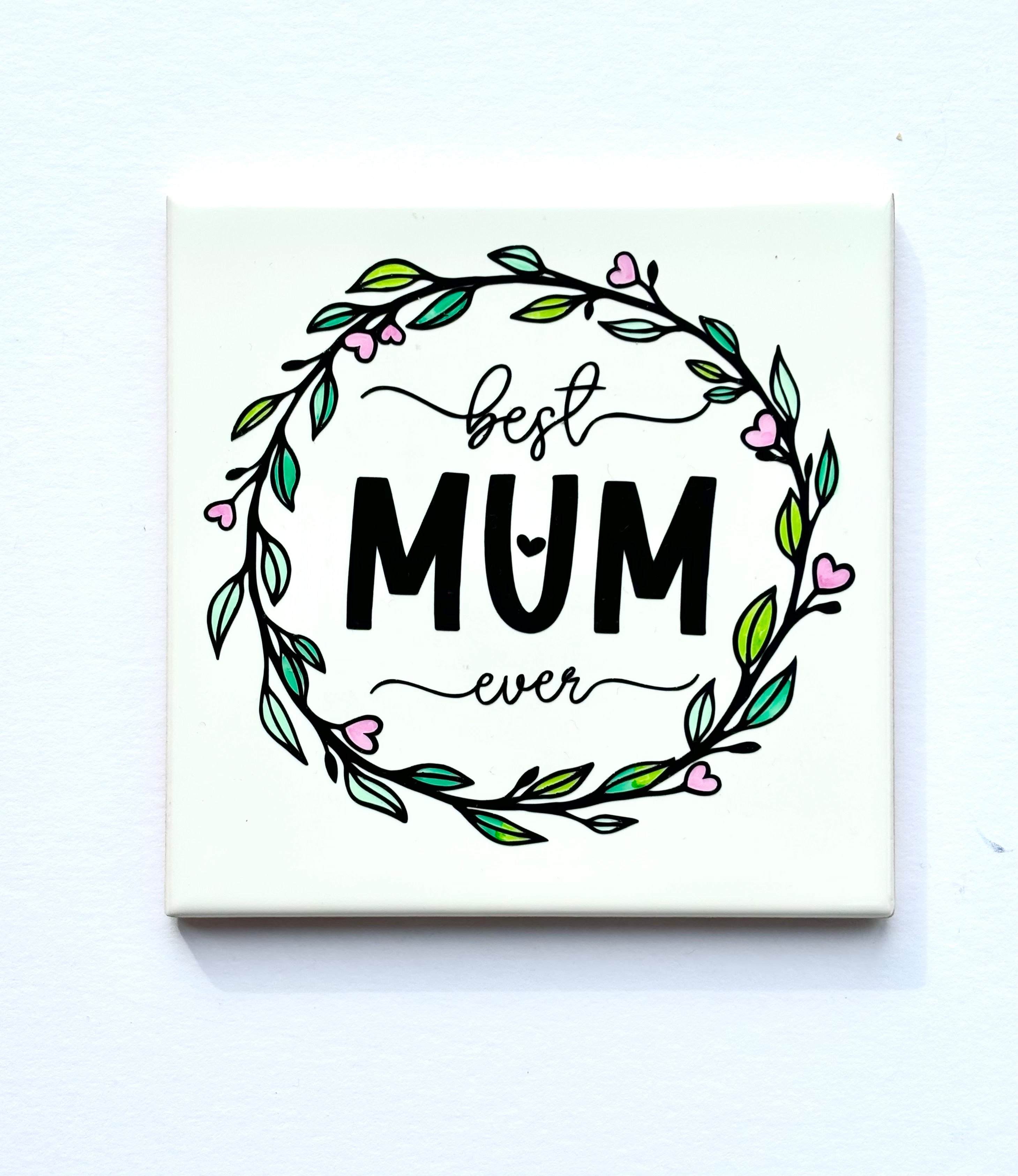 Best Mum Ever wreath ceramic coaster with pretty hearts and leaves