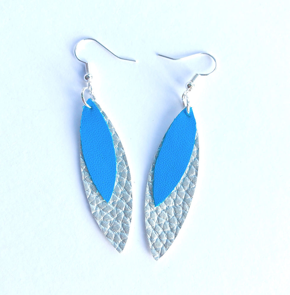 2 Layer Narrow Almond Shape Faux Leather Earrings in blue and silver