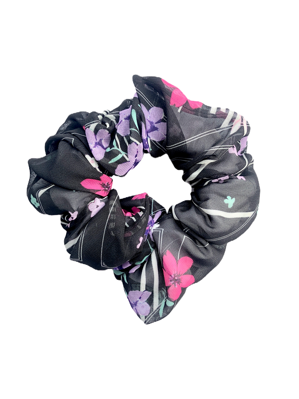 Double layer scrunchie in black pattern with floral purple and pink detail