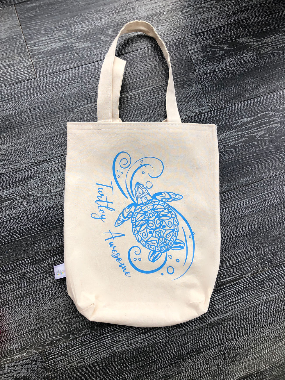 Handmade beige canvas tote/shopping/bag with Turtley Awesome slogan and a blue Mandala turtle design
