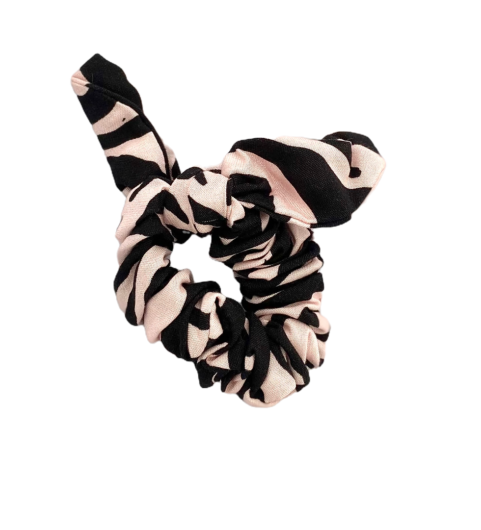 Black and pink zebra print scrunchie with detachable bow