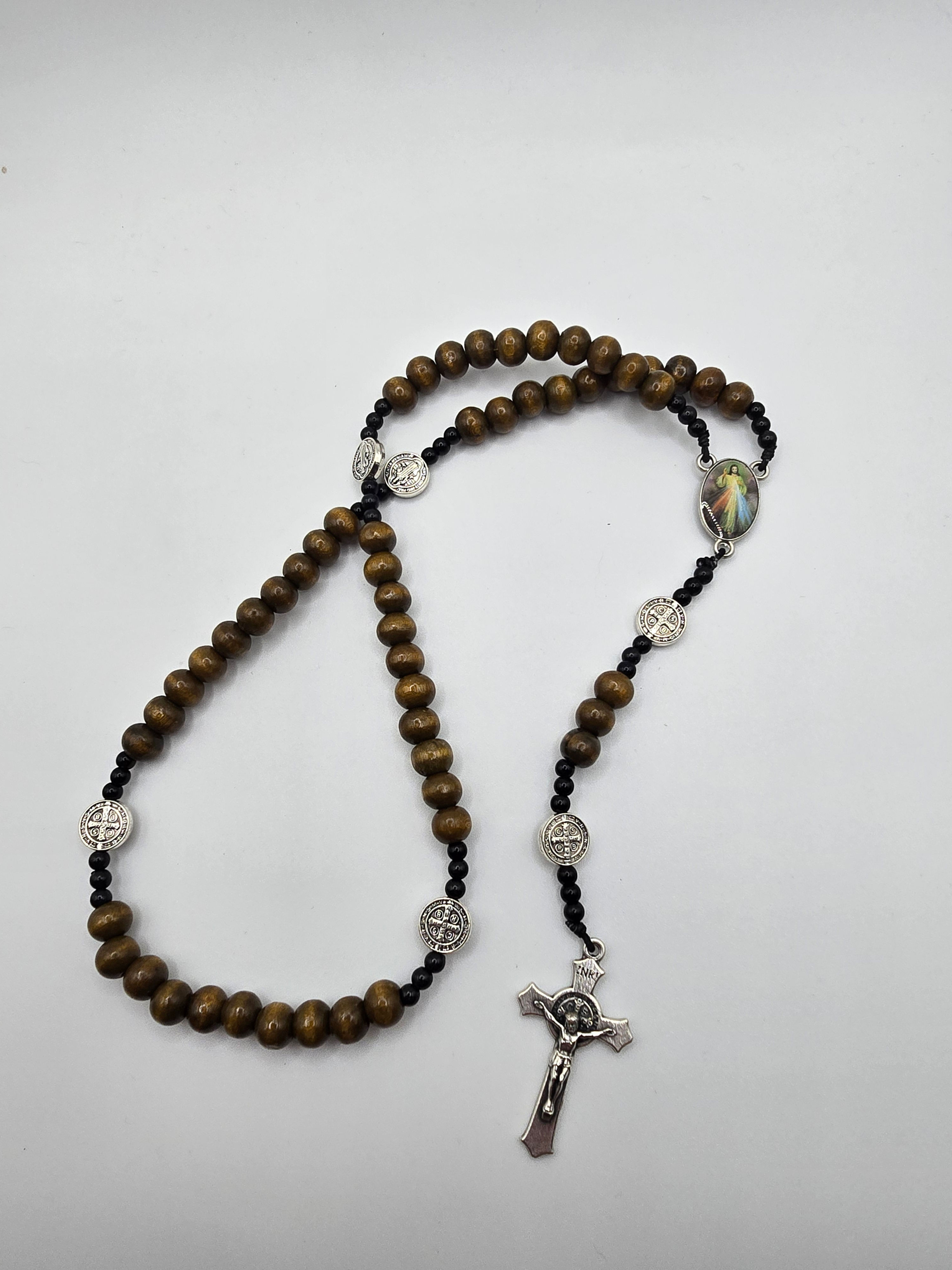 Stretchy Divine Mercy Wood Rosary Necklace