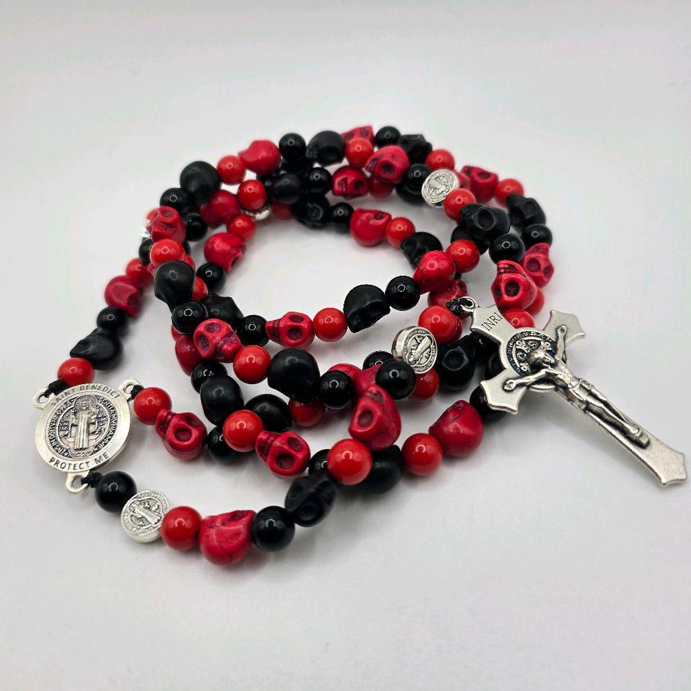 Black and Red Skull Rosary - Large 36 inch Necklace