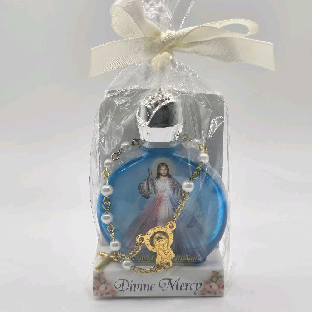 Goddelijke Barmhartigheid Wijwaterfles met een tiental rozenkransen