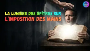 Homme lisant une Bible ouverte aux Épîtres tandis qu'une main s'impose au-dessus de sa tête dans une atmosphère solennelle — illustration de l'article La lumière des Épîtres sur l'imposition des mains par Libraccess Academy
