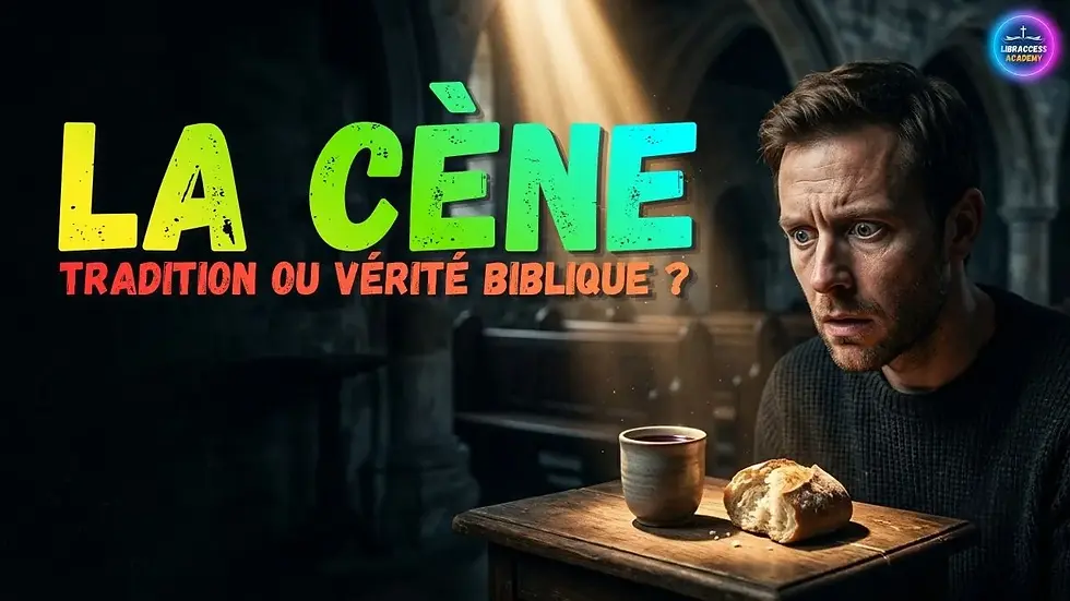 homme devant un morceau de pain et une coupe de vin, s'interrogeant sur la différence entre tradition religieuse et vérité biblique pour Libraccess Academy.