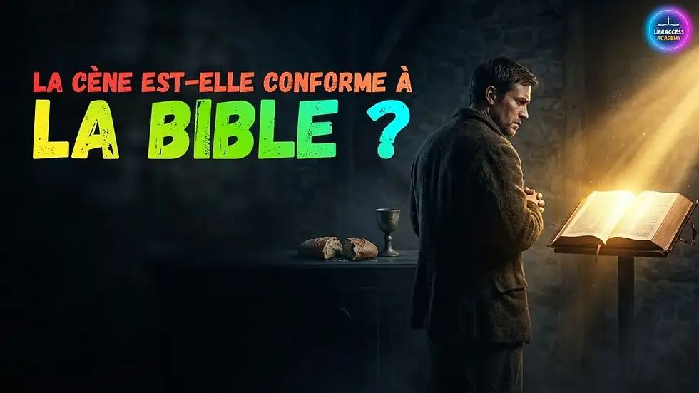 Homme pensif devant une Bible ouverte, du pain et une coupe, illustration du débat biblique sur la Cène et la tradition religieuse.