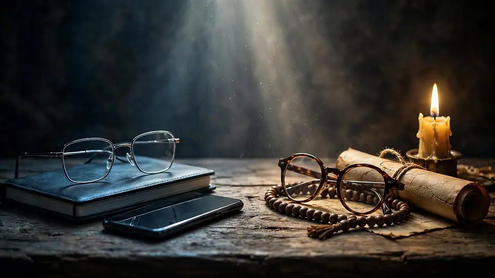 Lunettes de précision et lunettes larges symbolisant les mentalités occidentale et orientale dans la prière