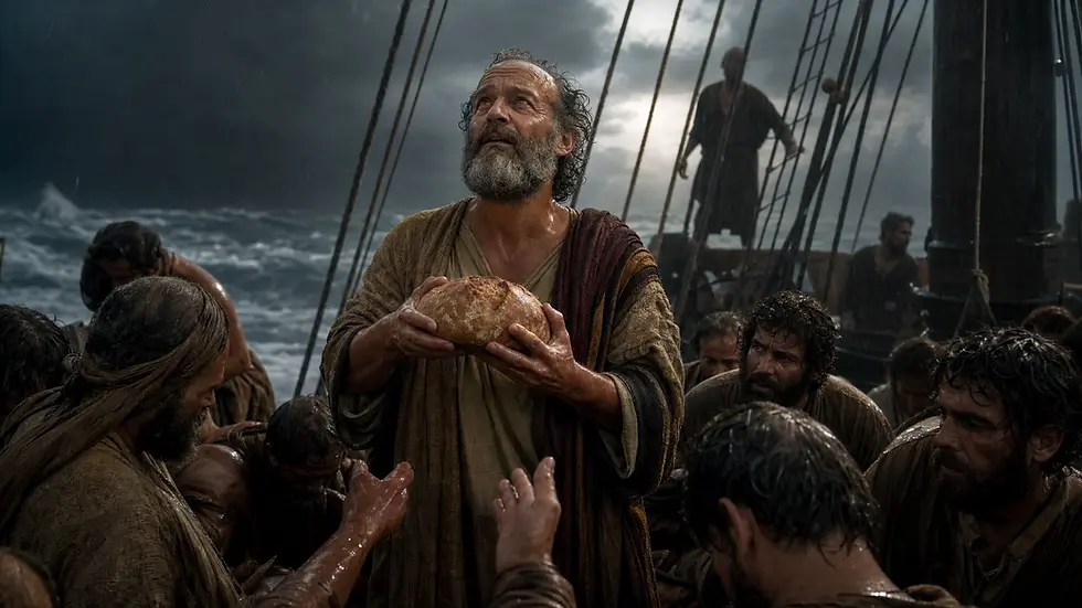 Paul sur un navire en pleine tempête rompant le pain devant des passagers affamés dans Actes 27.